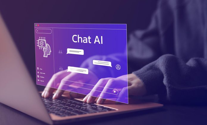 Chat Bot Chat with AI or Artificial Intelligence technology. Woman using a laptop computer chatting with an intelligent artificial intelligence asks for the answers he wants.. ChatGpt
