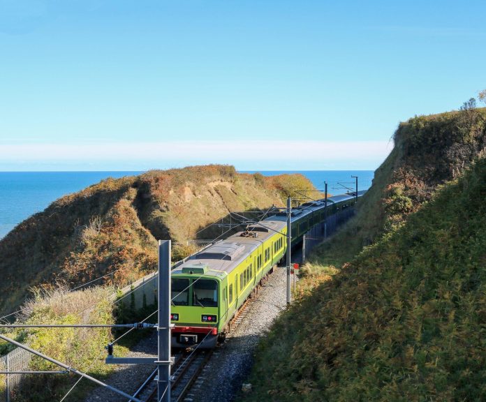 The Irish DART Train passing in Bray, Co.Wicklow, Ireland.