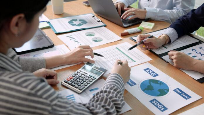 Carbon offset price report CO2 emission. Future growth Net zero waste in ESG ethical SME office protect climate change global warming social issues project. Group of asia people Eco friendly SDGs plan