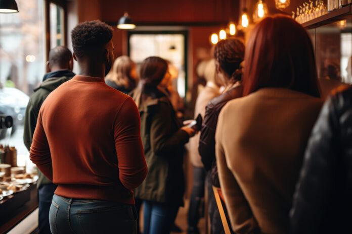Queue Lot Of People In The Coffee Shop. Сoncept Long Coffee Shop Line, Barista Staffed For Busy Morning Rush, Benefits Of Getting Coffee Early, Popular Coffee Shop Menu