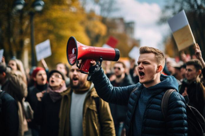 People on strike protesting with megaphone